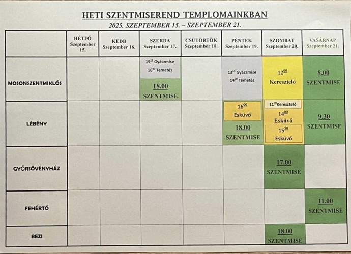 Szeptember 20-án 17 órakor lesz szentmise Győrsövényházon
