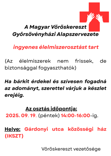 Élelmiszerosztást tart a Magyar Vöröskereszt győrsövényházi alapszervezete szeptember 19-én