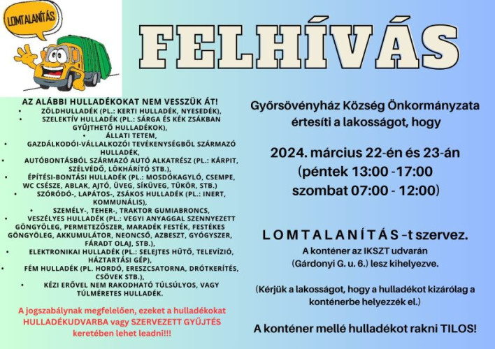 Lomtalanítás lesz március 22-én és 23-án