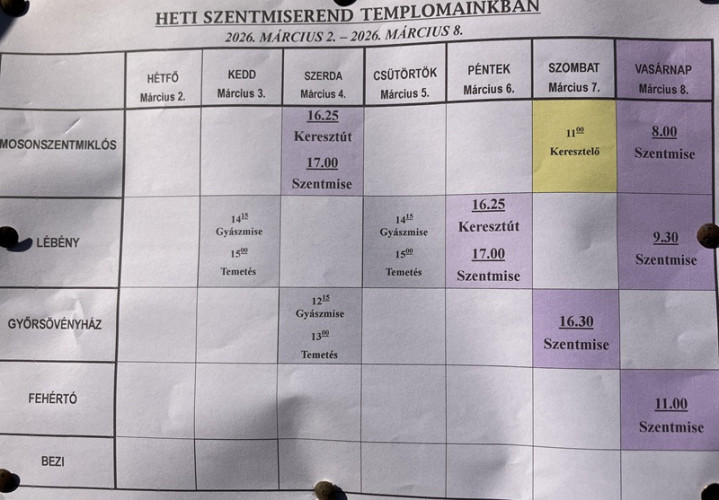 Márciusban szombatonként lesznek a szentmisék