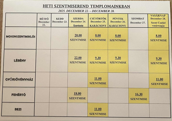 Két szentmise lesz karácsony hetében Győrsövényházon