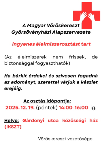 Élelmiszerosztást tart a Magyar Vöröskereszt győrsövényházi alapszervezete december 19-én