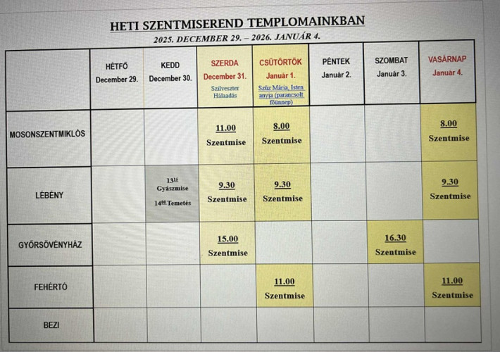 Két szentmise lesz újév hetében Győrsövényházon