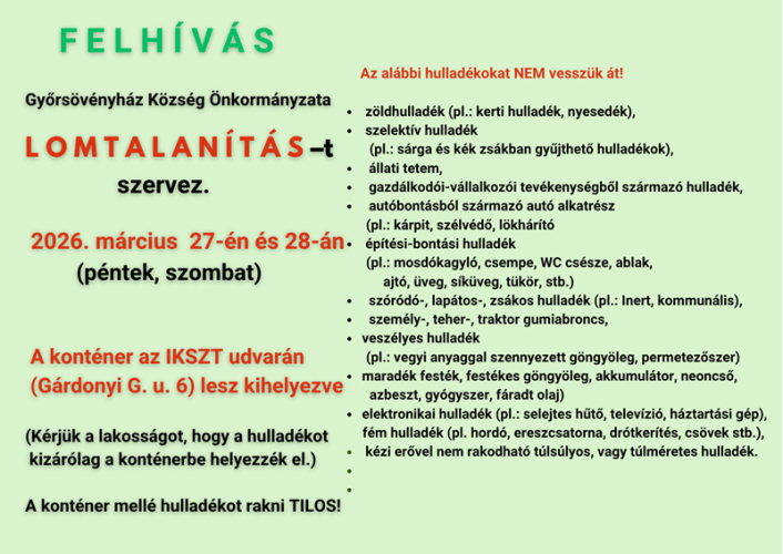 Lomtalanítás lesz Győrsövényházon március 27–28-án